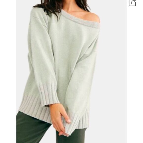 Free people lime green gray off the shoulder tunic sweater size XS - Picture 2 of 16